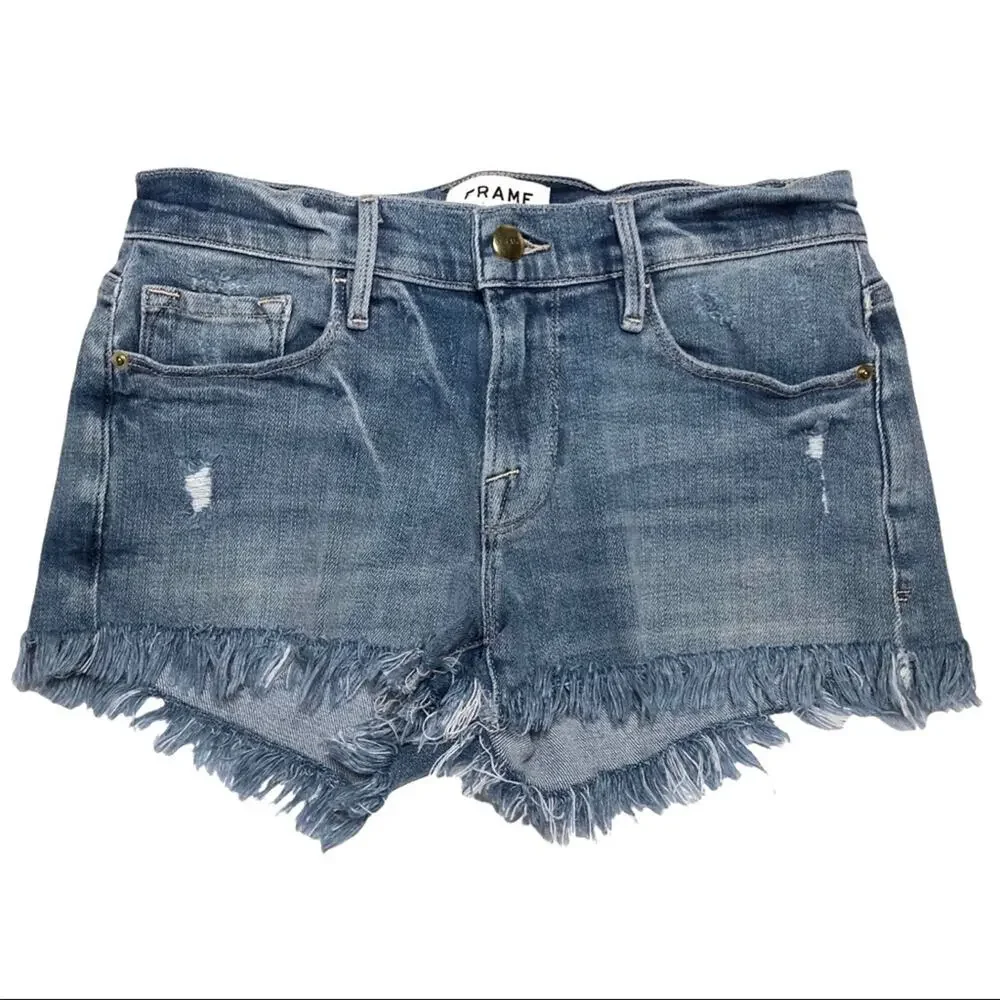 FRAME Denim Le Cutoff distressed frayed denim shorts Size 24